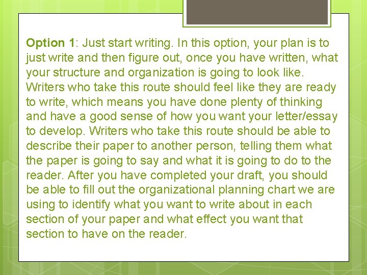 Option 1: Just start writing. In this option, your plan is to just write