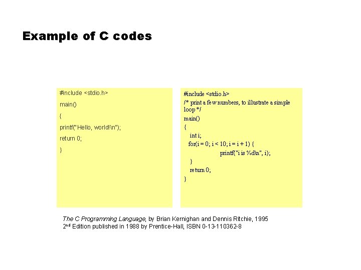Example of C codes #include <stdio. h> main() { printf("Hello, world!n"); return 0; } Example of C codes #include <stdio. h> main() { printf("Hello, world!n"); return 0; }