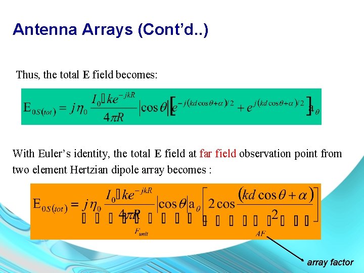 Antenna Arrays (Cont’d. . ) Thus, the total E field becomes: With Euler’s identity,