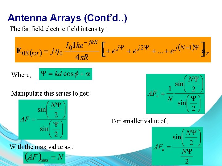 Antenna Arrays (Cont’d. . ) The far field electric field intensity : Where, Manipulate