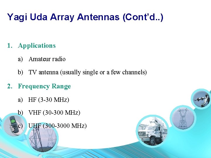 Yagi Uda Array Antennas (Cont’d. . ) 1. Applications a) Amateur radio b) TV