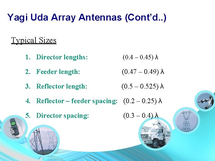 Yagi Uda Array Antennas (Cont’d. . ) Typical Sizes 1. Director lengths: (0. 4
