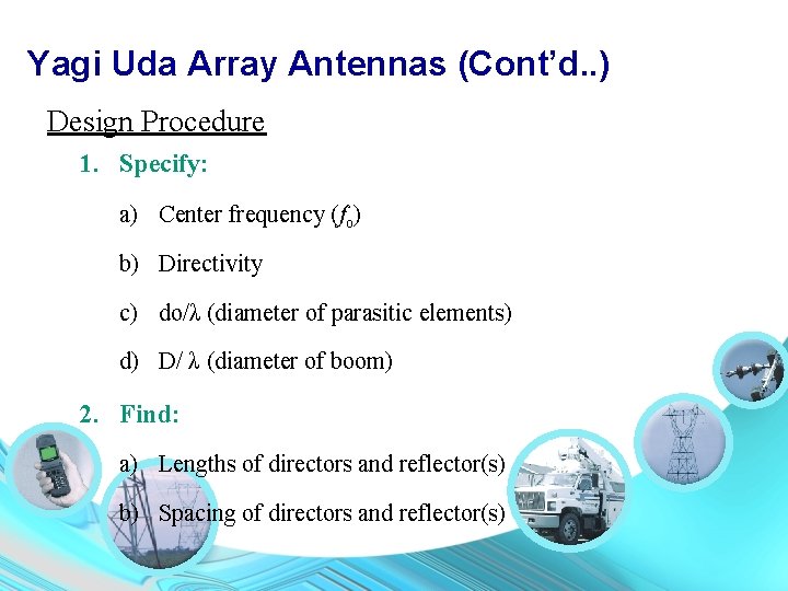 Yagi Uda Array Antennas (Cont’d. . ) Design Procedure 1. Specify: a) Center frequency
