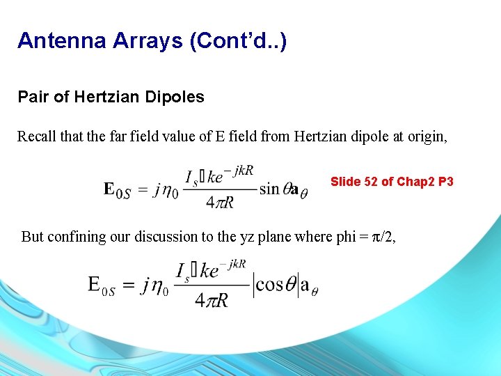 Antenna Arrays (Cont’d. . ) Pair of Hertzian Dipoles Recall that the far field