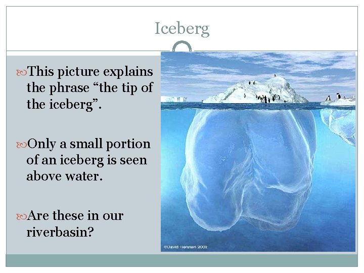 Iceberg This picture explains the phrase “the tip of the iceberg”. Only a small