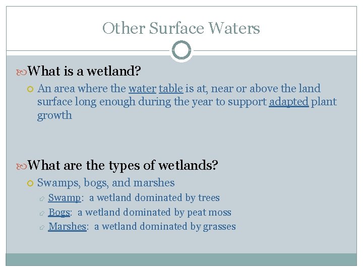 Other Surface Waters What is a wetland? An area where the water table is