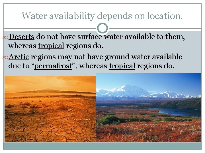 Water availability depends on location. Deserts do not have surface water available to them,