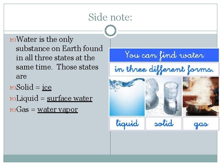 Side note: Water is the only substance on Earth found in all three states