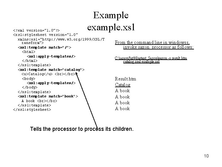 Example example. xsl <? xml version="1. 0"? > <xsl: stylesheet version="1. 0" xmlns: xsl="http: