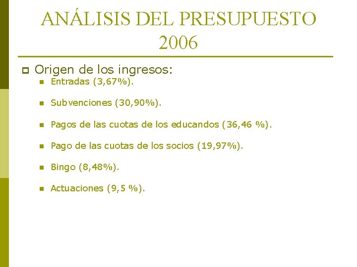 ANÁLISIS DEL PRESUPUESTO 2006 p Origen de los ingresos: n Entradas (3, 67%). n ANÁLISIS DEL PRESUPUESTO 2006 p Origen de los ingresos: n Entradas (3, 67%). n