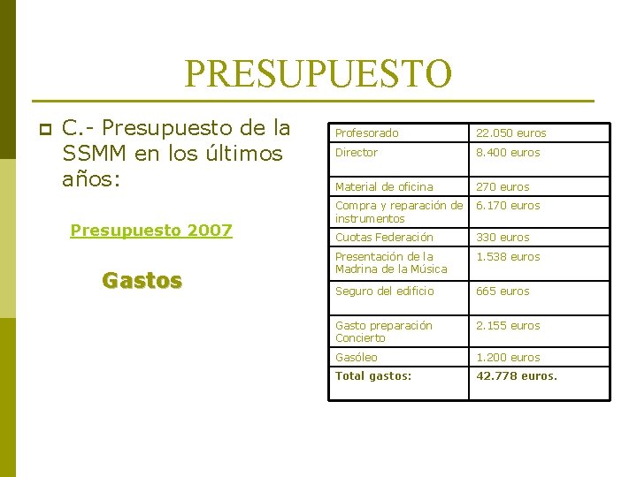PRESUPUESTO p C. - Presupuesto de la SSMM en los últimos años: Presupuesto 2007 PRESUPUESTO p C. - Presupuesto de la SSMM en los últimos años: Presupuesto 2007