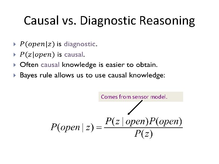 Causal vs. Diagnostic Reasoning • Comes from sensor model. 