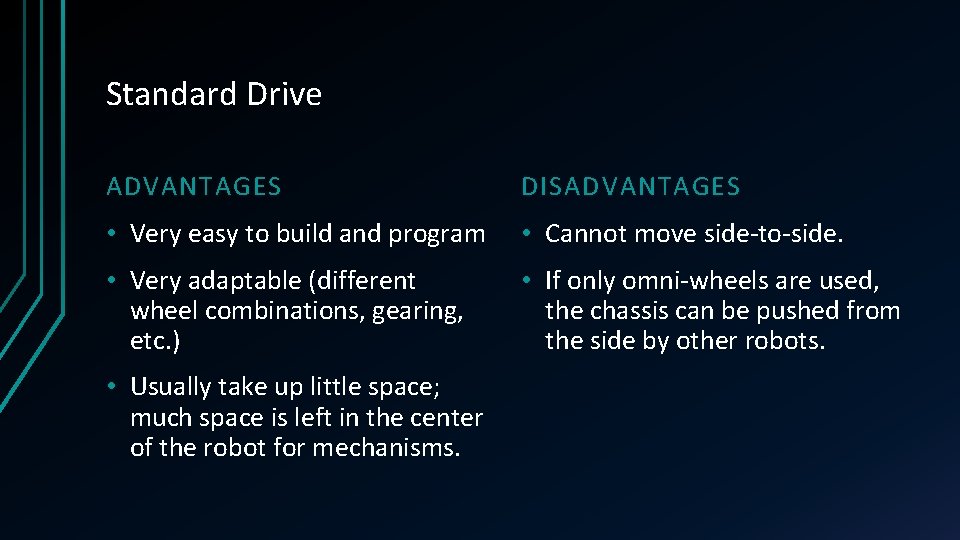 Standard Drive ADVANTAGES DISADVANTAGES • Very easy to build and program • Cannot move