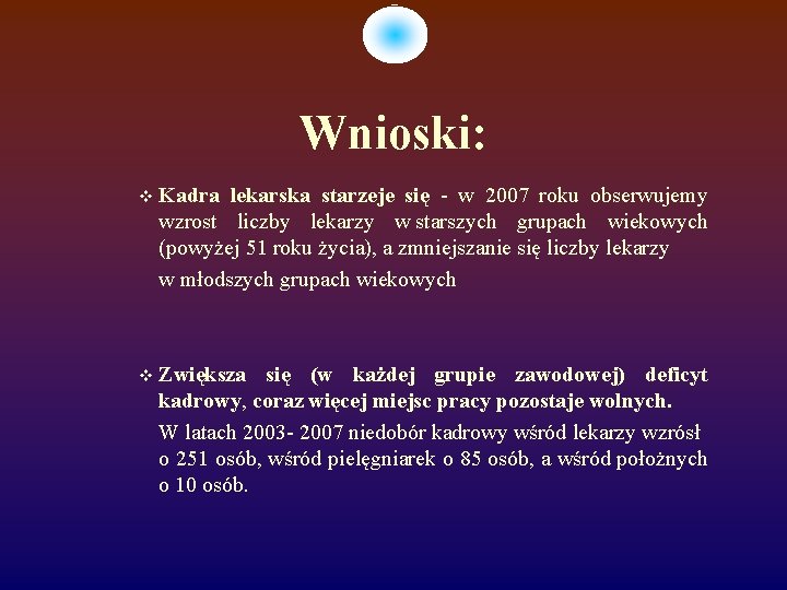 Wnioski: Kadra lekarska starzeje się - w 2007 roku obserwujemy wzrost liczby lekarzy w