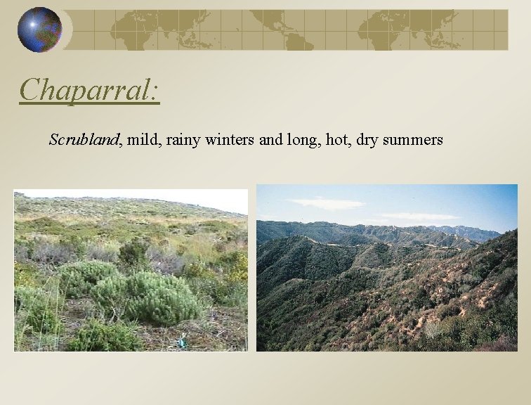 Chaparral: Scrubland, mild, rainy winters and long, hot, dry summers 