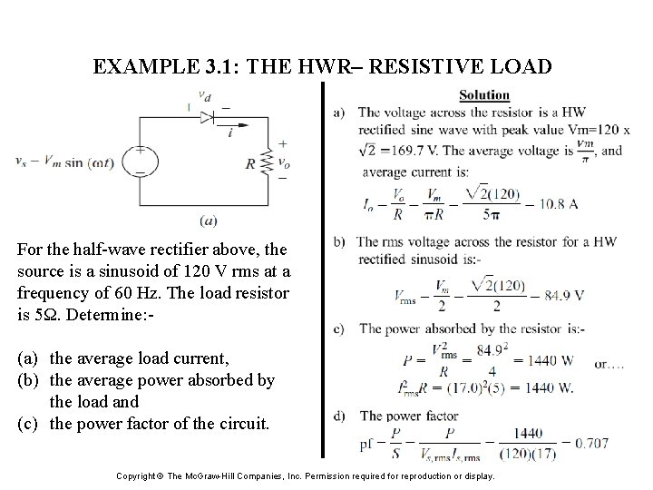 EXAMPLE 3. 1: THE HWR– RESISTIVE LOAD For the half-wave rectifier above, the source
