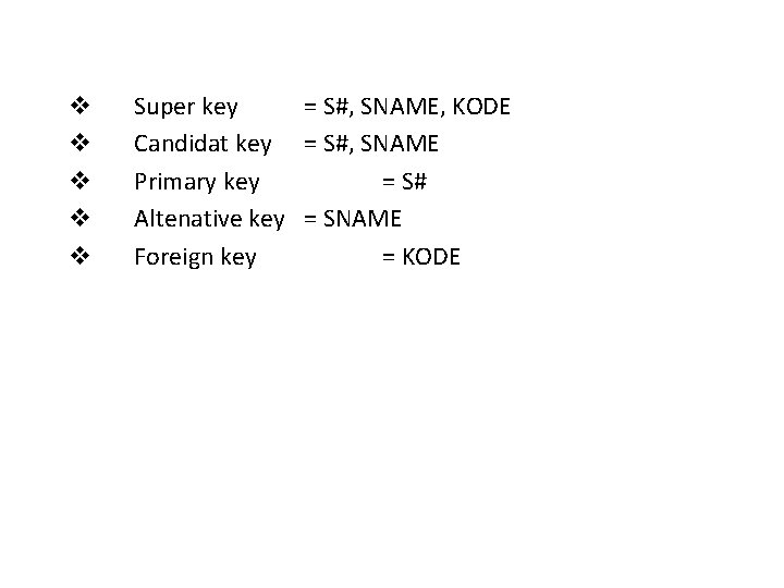 v Super key = S#, SNAME, KODE v Candidat key = S#, SNAME v