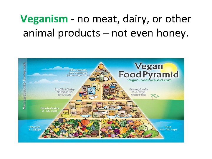 Veganism - no meat, dairy, or other animal products – not even honey. 