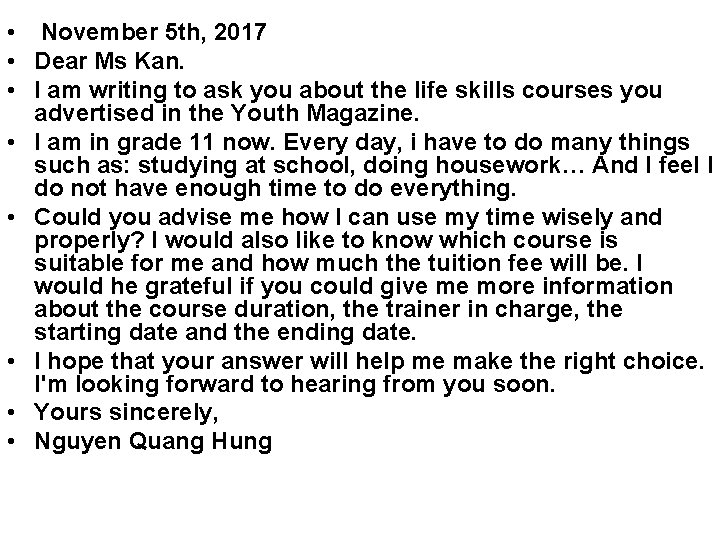  • November 5 th, 2017 • Dear Ms Kan. • I am writing