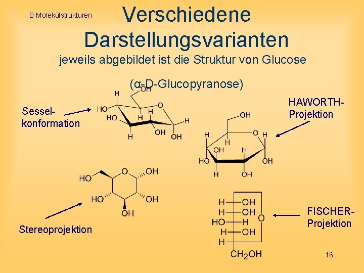 Verschiedene Darstellungsvarianten B Molekülstrukturen jeweils abgebildet ist die Struktur von Glucose (α-D-Glucopyranose) Sesselkonformation Stereoprojektion