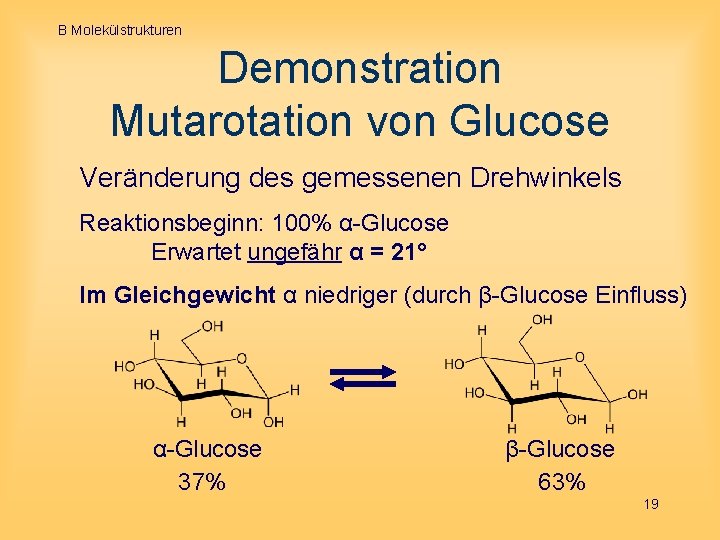B Molekülstrukturen Demonstration Mutarotation von Glucose Veränderung des gemessenen Drehwinkels Reaktionsbeginn: 100% α-Glucose Erwartet