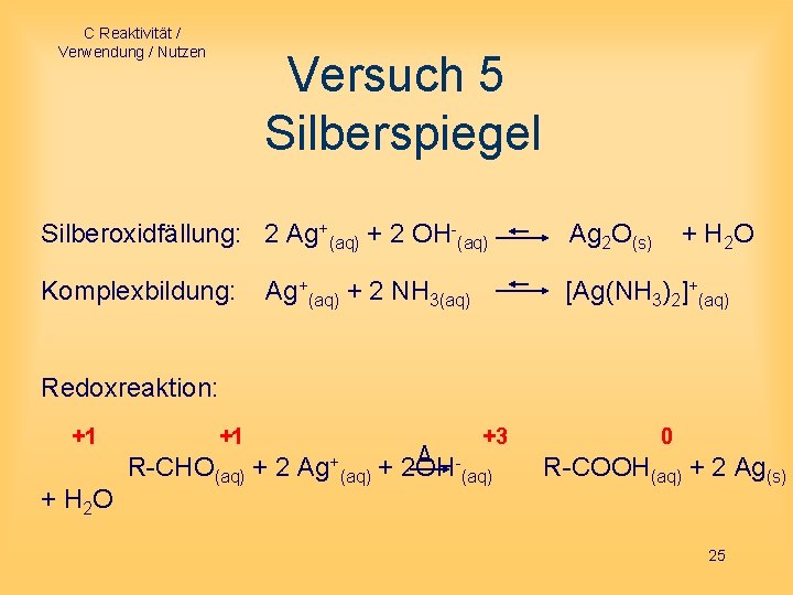 C Reaktivität / Verwendung / Nutzen Versuch 5 Silberspiegel Silberoxidfällung: 2 Ag+(aq) + 2
