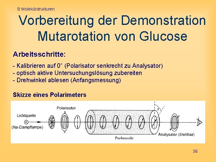 B Molekülstrukturen Vorbereitung der Demonstration Mutarotation von Glucose Arbeitsschritte: - Kalibrieren auf 0° (Polarisator