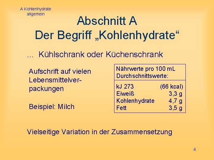 A Kohlenhydrate allgemein Abschnitt A Der Begriff „Kohlenhydrate“ . . . Kühlschrank oder Küchenschrank