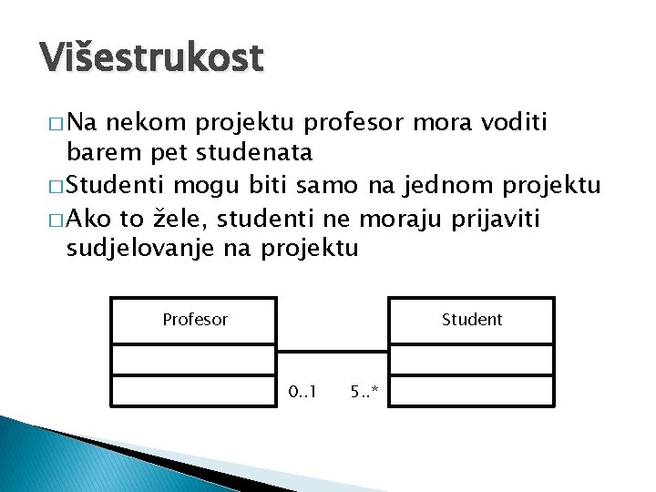 Višestrukost � Na nekom projektu profesor mora voditi barem pet studenata � Studenti mogu