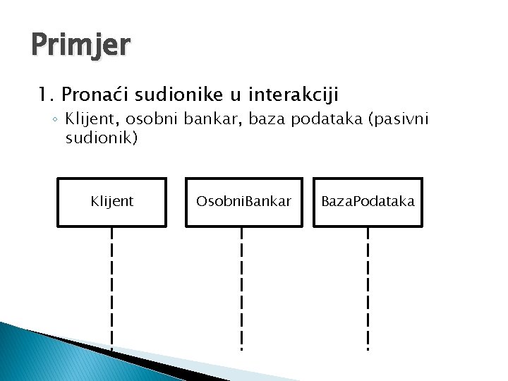 Primjer 1. Pronaći sudionike u interakciji ◦ Klijent, osobni bankar, baza podataka (pasivni sudionik)
