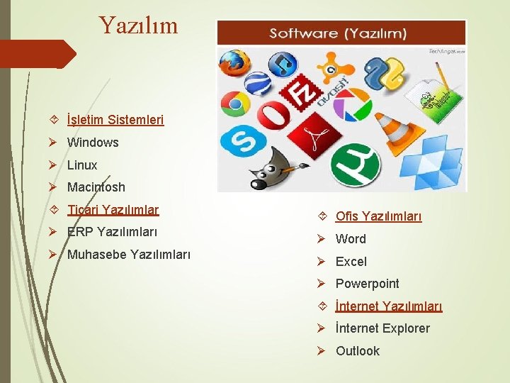 Yazılım İşletim Sistemleri Ø Windows Ø Linux Ø Macintosh Ticari Yazılımlar Ø ERP Yazılımları