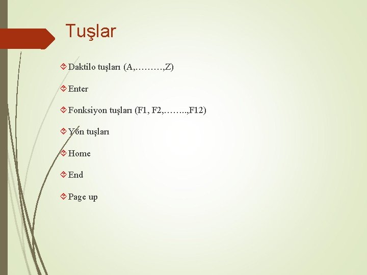 Tuşlar Daktilo tuşları (A, ………, Z) Enter Fonksiyon tuşları (F 1, F 2, …….