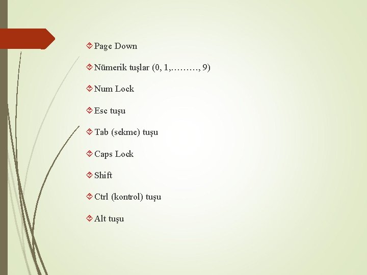  Page Down Nümerik tuşlar (0, 1, ………, 9) Num Lock Esc tuşu Tab