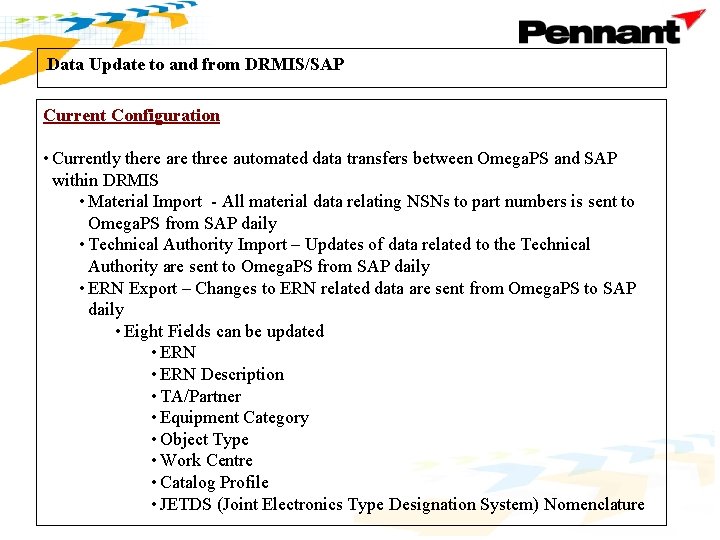 Data Update to and from DRMIS/SAP . Current Configuration • Currently there are three