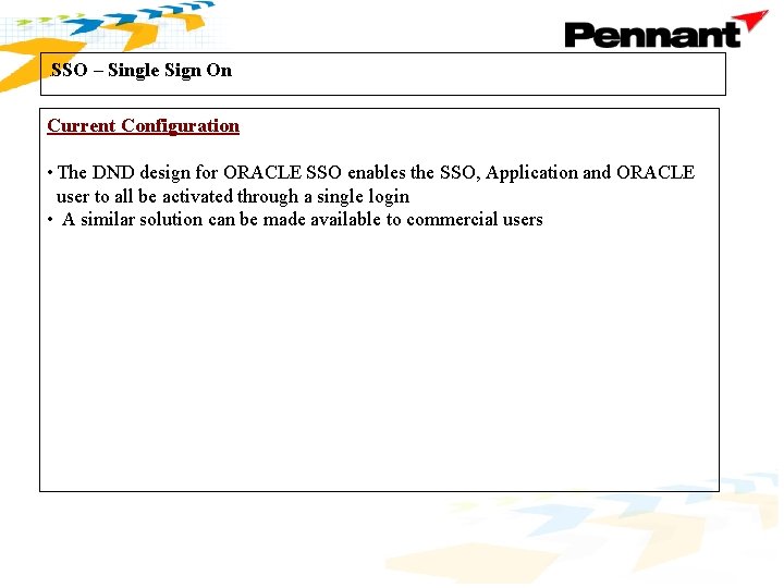 SSO – Single Sign On . Current Configuration • The DND design for ORACLE