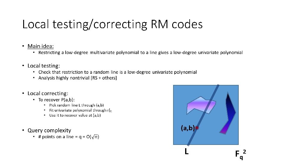 Local testing/correcting RM codes • (a, b) L F q 2 