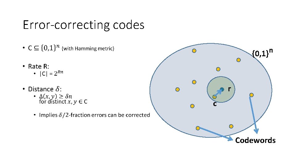 Error-correcting codes • {0, 1}n r c Codewords 