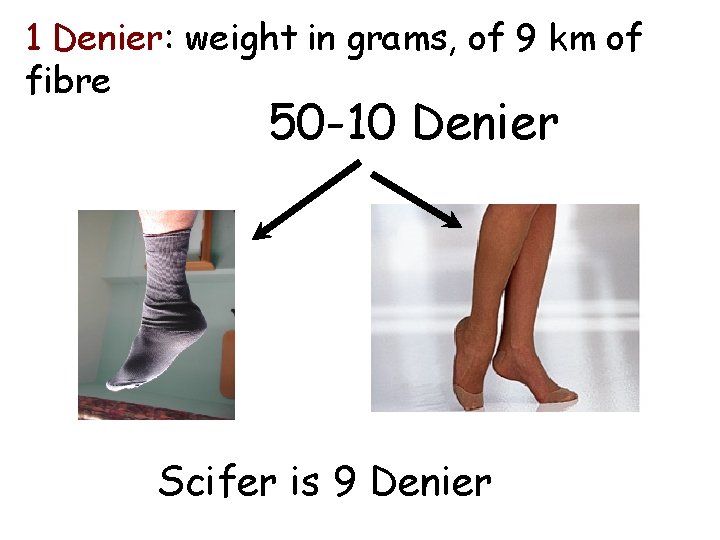 1 Denier: weight in grams, of 9 km of fibre 50 -10 Denier Scifer