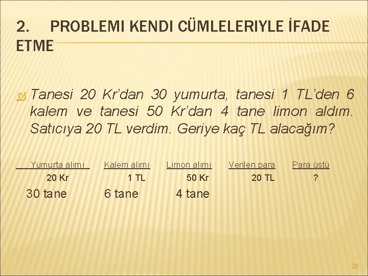 2. PROBLEMI KENDI CÜMLELERIYLE İFADE ETME Tanesi 20 Kr’dan 30 yumurta, tanesi 1 TL’den