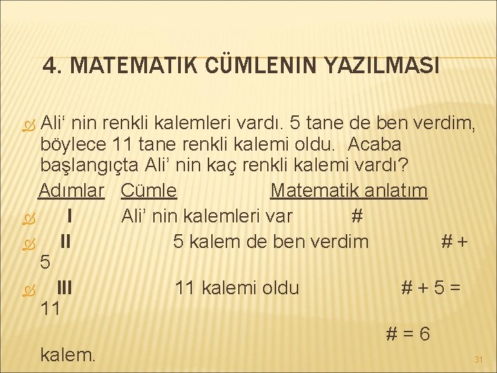 4. MATEMATIK CÜMLENIN YAZILMASI Ali‘ nin renkli kalemleri vardı. 5 tane de ben verdim,