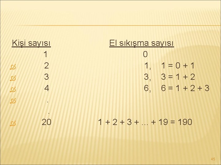  Kişi sayısı El sıkışma sayısı 1 0 2 1, 1 = 0 +