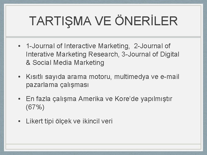 TARTIŞMA VE ÖNERİLER • 1 -Journal of Interactive Marketing, 2 -Journal of Interative Marketing