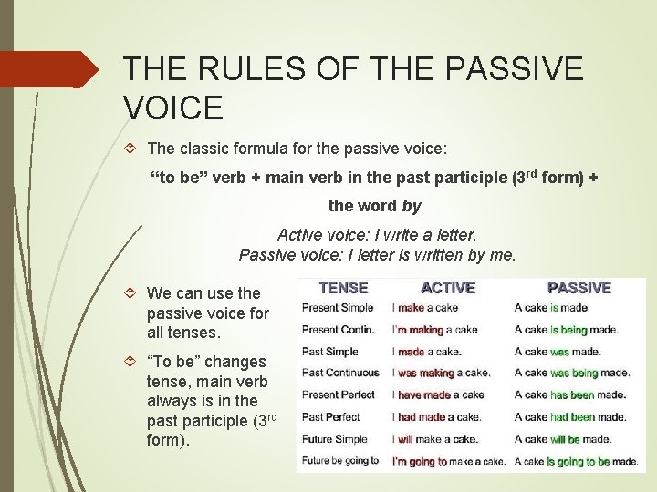 THE RULES OF THE PASSIVE VOICE The classic formula for the passive voice: “to