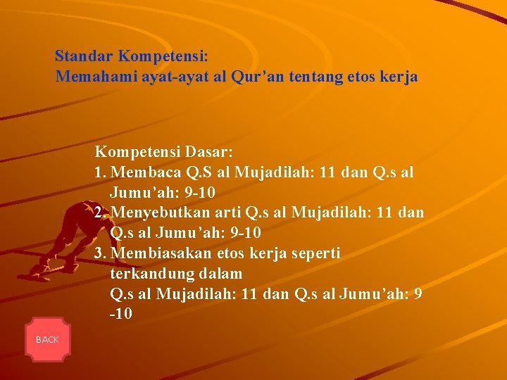 Standar Kompetensi: Memahami ayat-ayat al Qur’an tentang etos kerja Kompetensi Dasar: 1. Membaca Q.