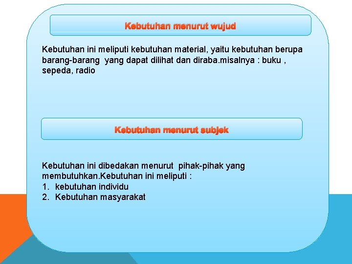 Kebutuhan menurut wujud Kebutuhan ini meliputi kebutuhan material, yaitu kebutuhan berupa barang-barang yang dapat