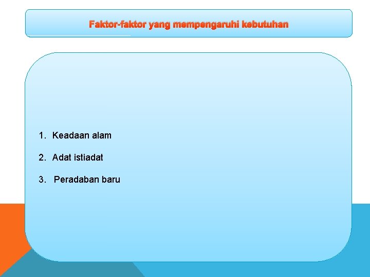 Faktor-faktor yang mempengaruhi kebutuhan 1. Keadaan alam 2. Adat istiadat 3. Peradaban baru 