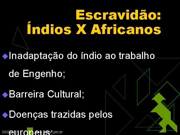 Escravidão: Índios X Africanos u. Inadaptação do índio ao trabalho de Engenho; u. Barreira