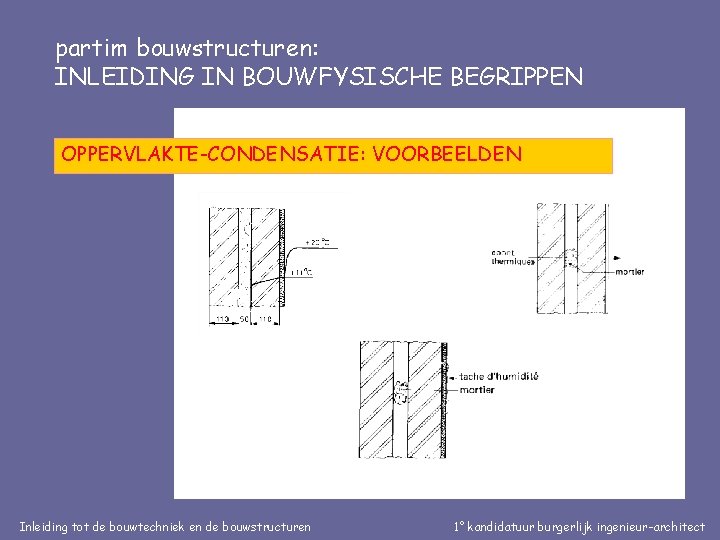 partim bouwstructuren: INLEIDING IN BOUWFYSISCHE BEGRIPPEN OPPERVLAKTE-CONDENSATIE: VOORBEELDEN Inleiding tot de bouwtechniek en de