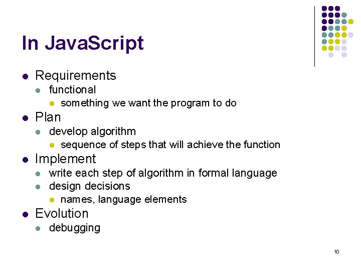 In Java. Script l Requirements l l Plan l l develop algorithm l sequence