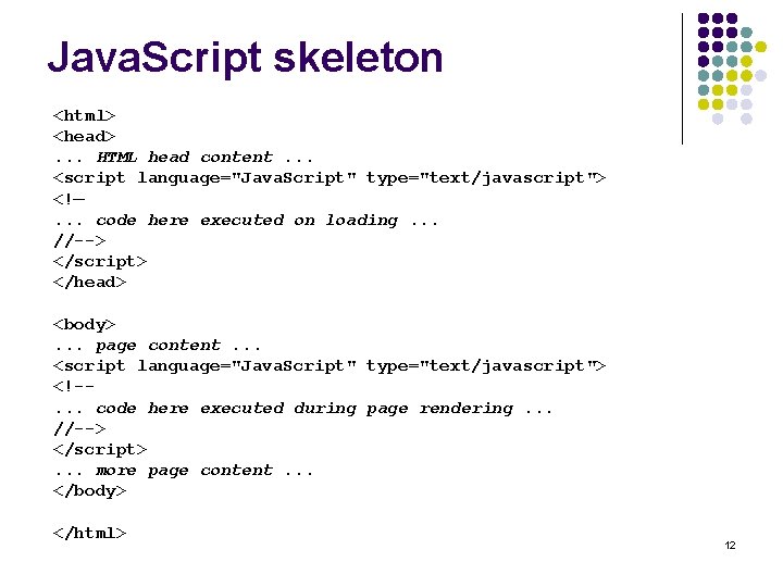 Java. Script skeleton <html> <head>. . . HTML head content. . . <script language="Java.